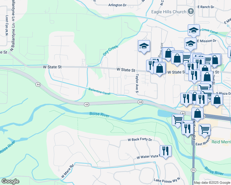 map of restaurants, bars, coffee shops, grocery stores, and more near 223 South Grandean Way in Eagle