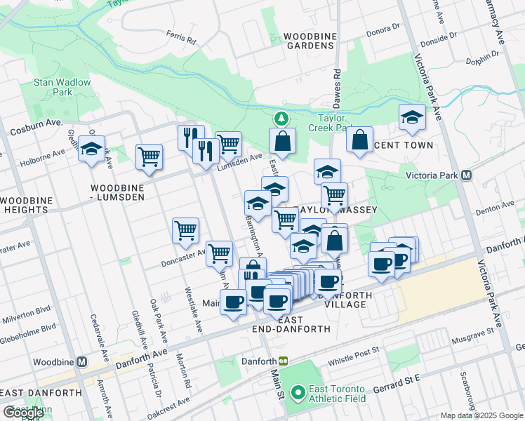 map of restaurants, bars, coffee shops, grocery stores, and more near in Toronto