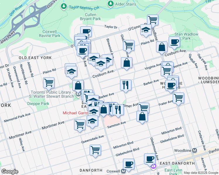 map of restaurants, bars, coffee shops, grocery stores, and more near in Toronto