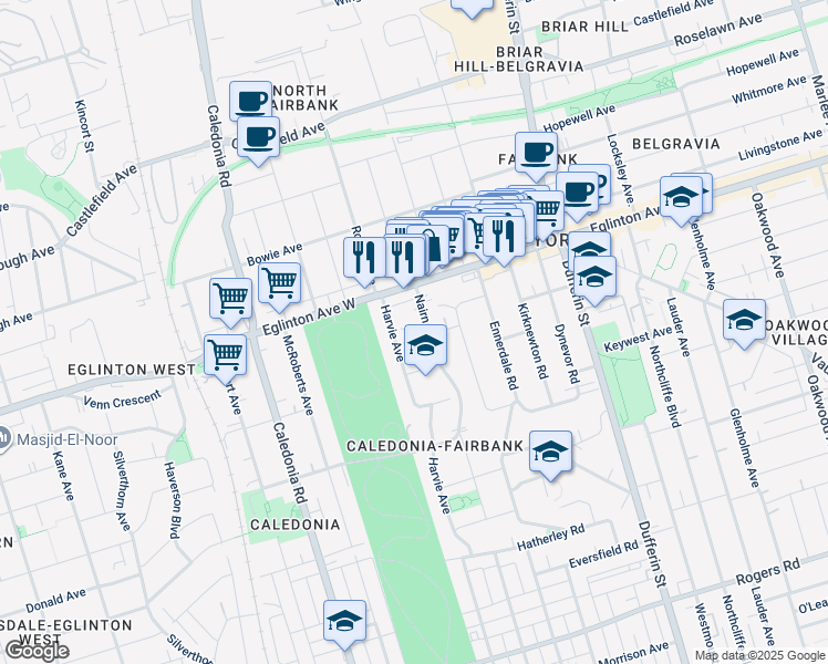 map of restaurants, bars, coffee shops, grocery stores, and more near in Toronto