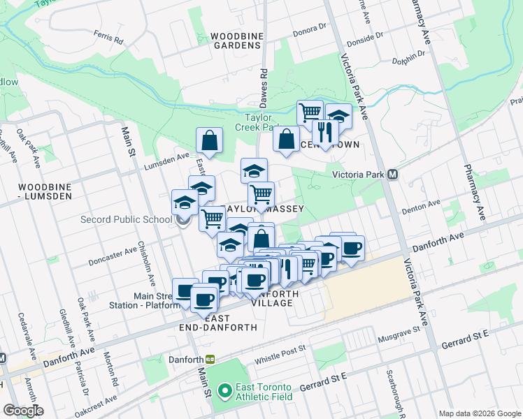 map of restaurants, bars, coffee shops, grocery stores, and more near Dawes Rd & Rosevear Ave in Toronto