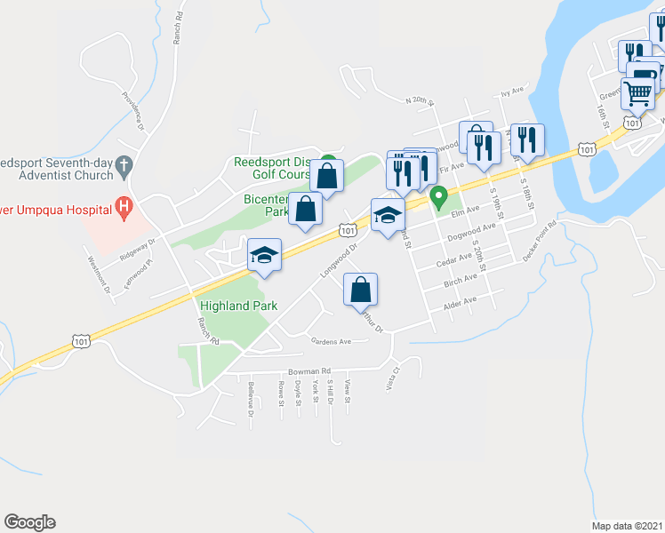 map of restaurants, bars, coffee shops, grocery stores, and more near 2440 Longwood Drive in Reedsport