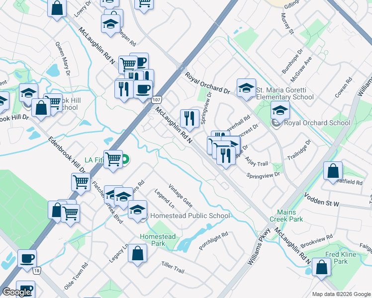 map of restaurants, bars, coffee shops, grocery stores, and more near 9800 McLaughlin Road North in Brampton