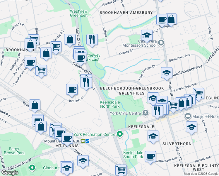 map of restaurants, bars, coffee shops, grocery stores, and more near 102 Trethewey Drive in Toronto