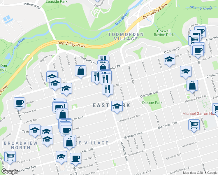 map of restaurants, bars, coffee shops, grocery stores, and more near 5 Plains Road in Toronto