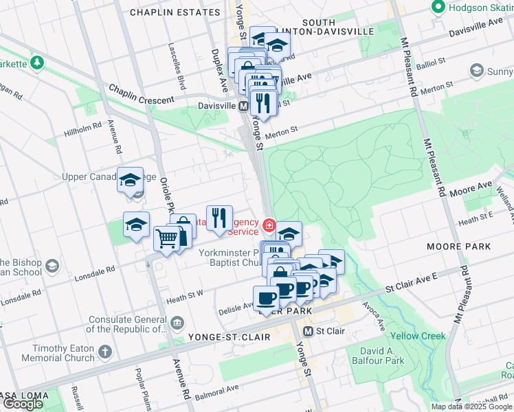 map of restaurants, bars, coffee shops, grocery stores, and more near 85 Lawton Boulevard in Toronto
