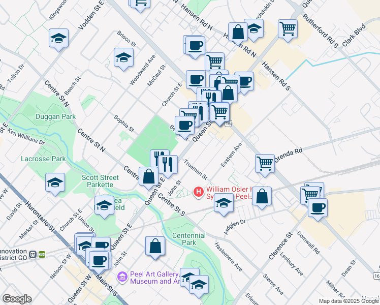 map of restaurants, bars, coffee shops, grocery stores, and more near 187 Queen Street East in Brampton