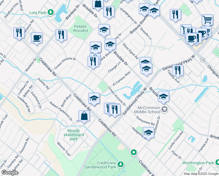 map of restaurants, bars, coffee shops, grocery stores, and more near El Camino Way in Brampton