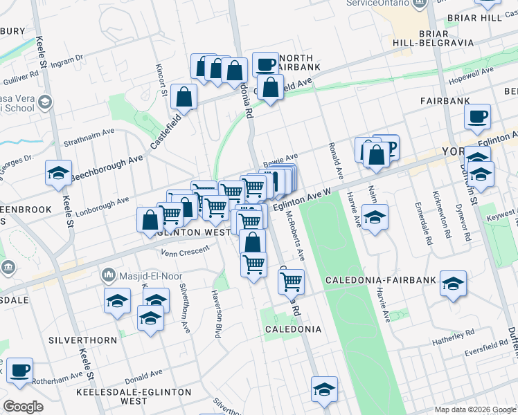 map of restaurants, bars, coffee shops, grocery stores, and more near in Toronto