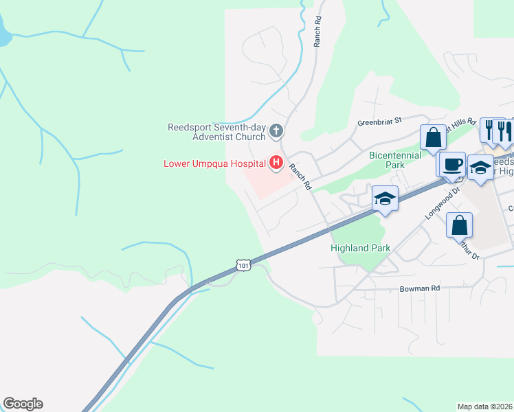 map of restaurants, bars, coffee shops, grocery stores, and more near 469 Westmont Drive in Reedsport