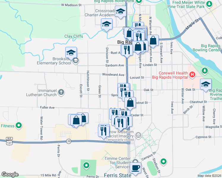 map of restaurants, bars, coffee shops, grocery stores, and more near 511 Division Street in Big Rapids