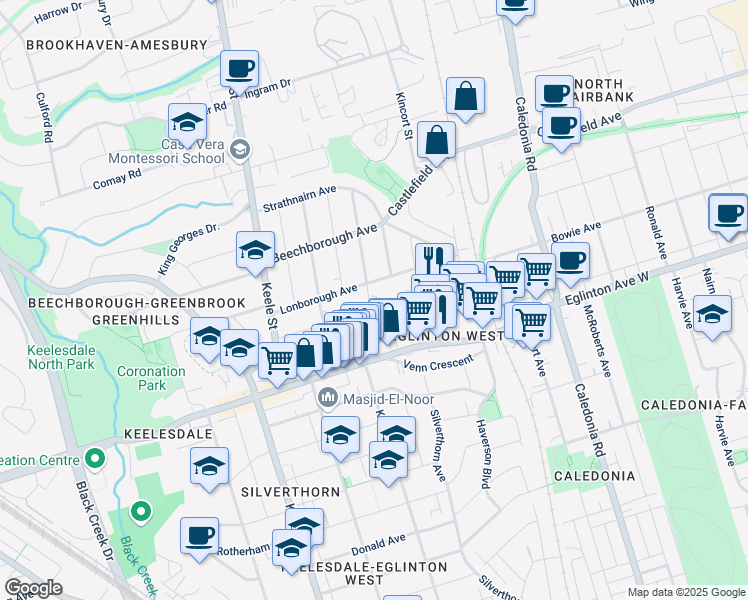 map of restaurants, bars, coffee shops, grocery stores, and more near 43 Glenhaven Street in Toronto