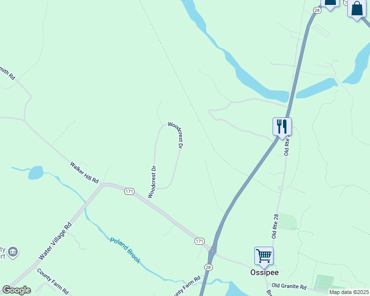 map of restaurants, bars, coffee shops, grocery stores, and more near 16 Woodcrest Drive in Ossipee