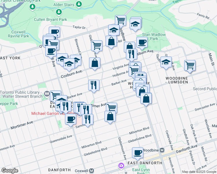 map of restaurants, bars, coffee shops, grocery stores, and more near 71 Barker Avenue in Toronto