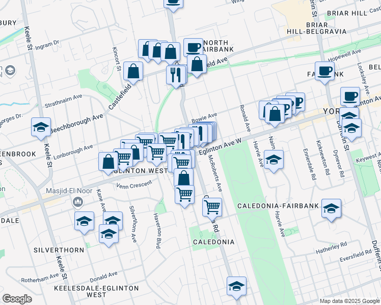 map of restaurants, bars, coffee shops, grocery stores, and more near in Toronto