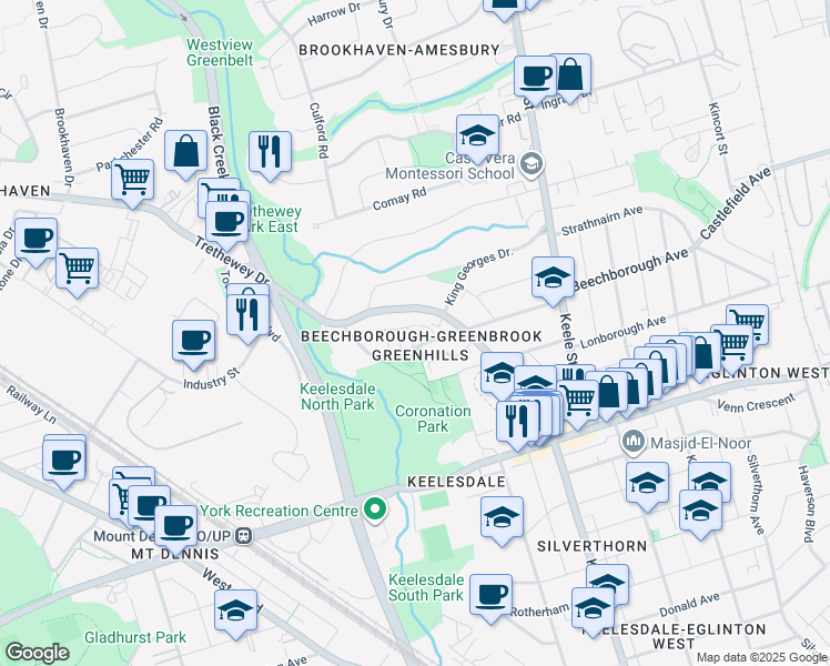 map of restaurants, bars, coffee shops, grocery stores, and more near 40 Clearview Heights in Toronto