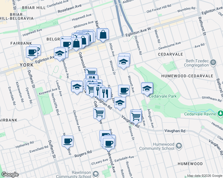 map of restaurants, bars, coffee shops, grocery stores, and more near 57 Alameda Avenue in Toronto