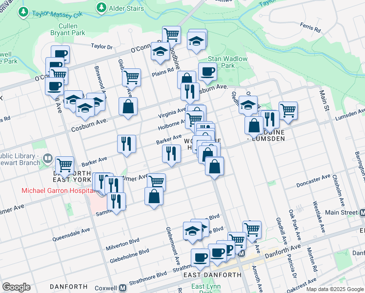 map of restaurants, bars, coffee shops, grocery stores, and more near in Toronto