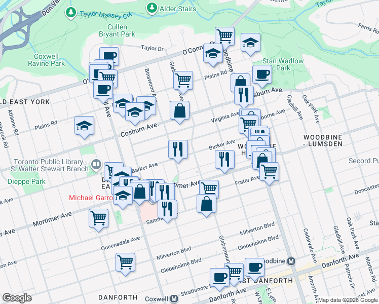 map of restaurants, bars, coffee shops, grocery stores, and more near 238 Glebemount Avenue in Toronto