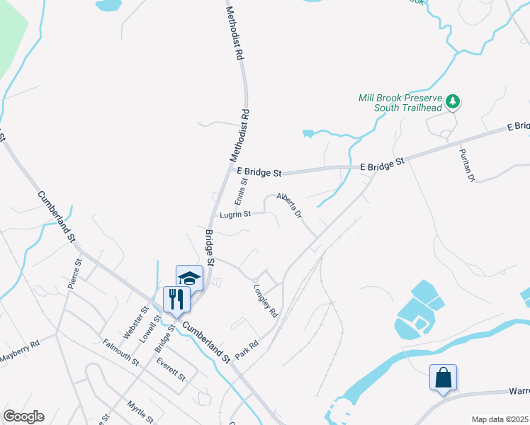 map of restaurants, bars, coffee shops, grocery stores, and more near 75 Lugrin Street in Westbrook