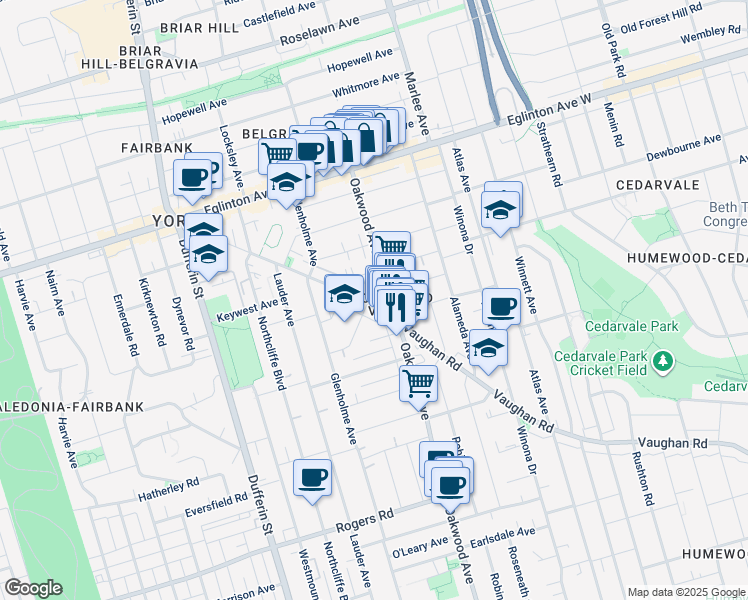 map of restaurants, bars, coffee shops, grocery stores, and more near 641 Vaughan Road in Toronto