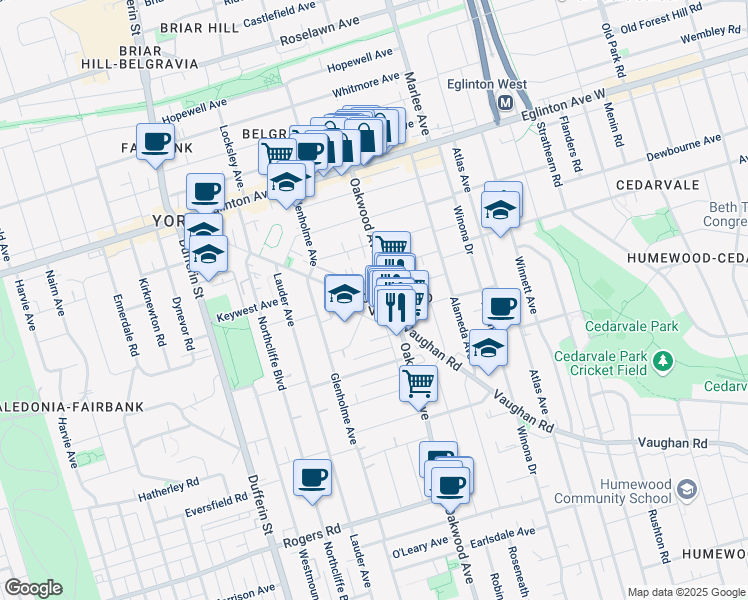 map of restaurants, bars, coffee shops, grocery stores, and more near 641 Vaughan Road in Toronto