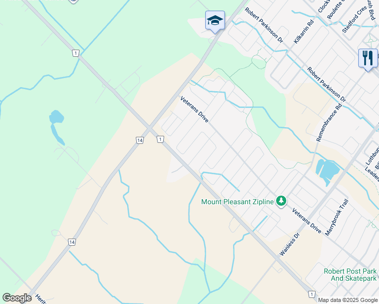 map of restaurants, bars, coffee shops, grocery stores, and more near 48 Adventura Road in Brampton