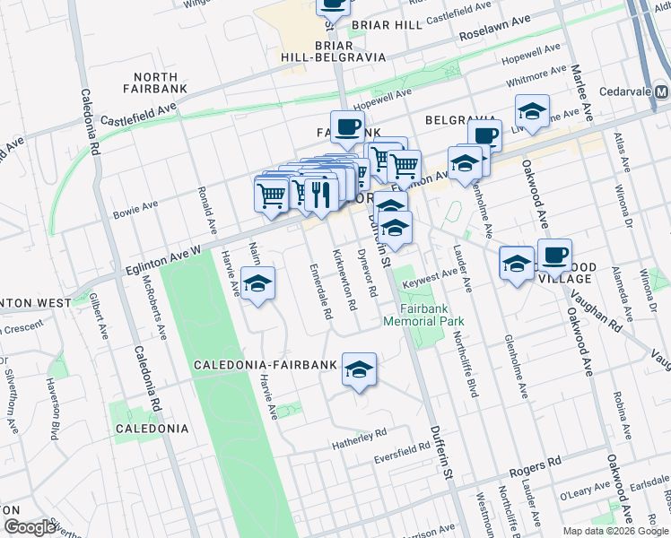 map of restaurants, bars, coffee shops, grocery stores, and more near 86 Kirknewton Road in Toronto