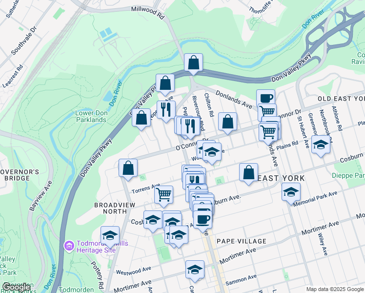map of restaurants, bars, coffee shops, grocery stores, and more near O'Connor Dr & Pape Ave in Toronto