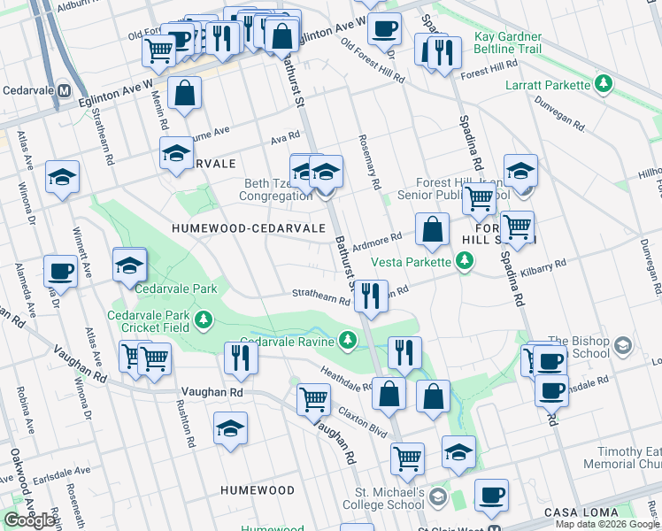map of restaurants, bars, coffee shops, grocery stores, and more near in Toronto