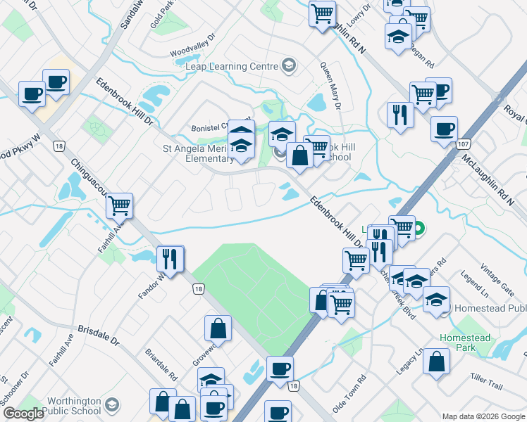 map of restaurants, bars, coffee shops, grocery stores, and more near 22 Packham Circle in Brampton