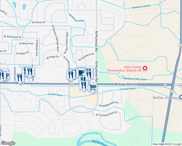 map of restaurants, bars, coffee shops, grocery stores, and more near 157 North Plummer Road in Star