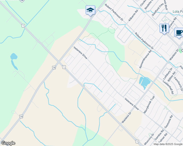 map of restaurants, bars, coffee shops, grocery stores, and more near 95 Emerald Coast Trail in Brampton