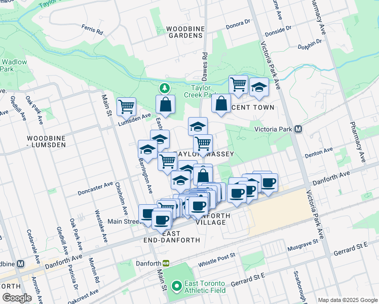 map of restaurants, bars, coffee shops, grocery stores, and more near 51 Secord Avenue in Toronto