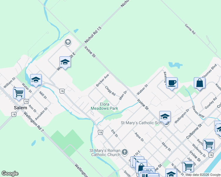 map of restaurants, bars, coffee shops, grocery stores, and more near 58 Clegg Road in Wellington County