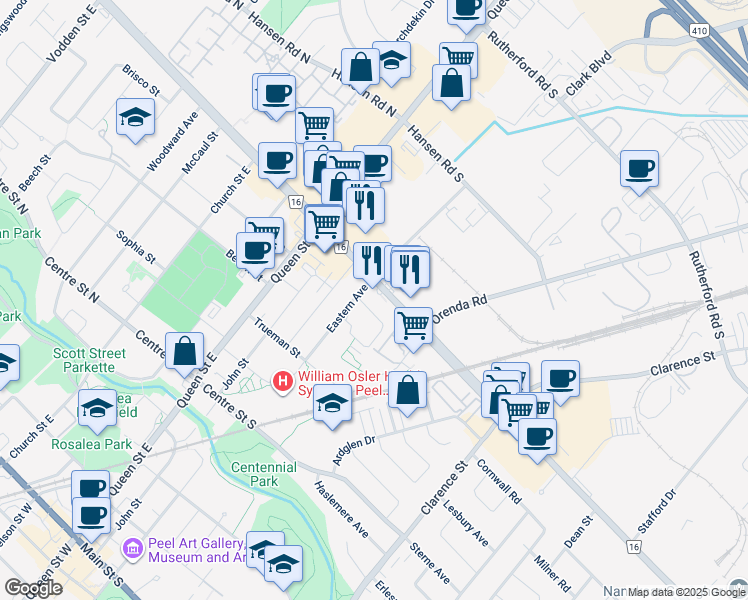 map of restaurants, bars, coffee shops, grocery stores, and more near 33 Kennedy Road South in Brampton
