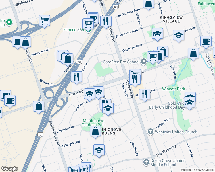 map of restaurants, bars, coffee shops, grocery stores, and more near 64 Sabrina Drive in Toronto