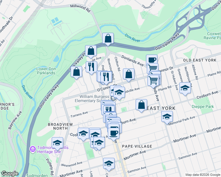 map of restaurants, bars, coffee shops, grocery stores, and more near 141 O'Connor Drive in Toronto