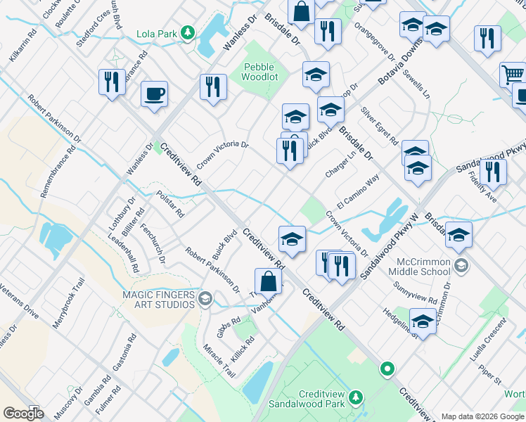 map of restaurants, bars, coffee shops, grocery stores, and more near 93 Buick Boulevard in Brampton