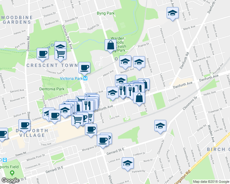map of restaurants, bars, coffee shops, grocery stores, and more near 25 Madelaine Avenue in Toronto