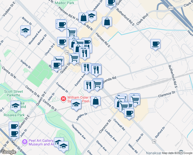 map of restaurants, bars, coffee shops, grocery stores, and more near 30 Kennedy Road South in Brampton