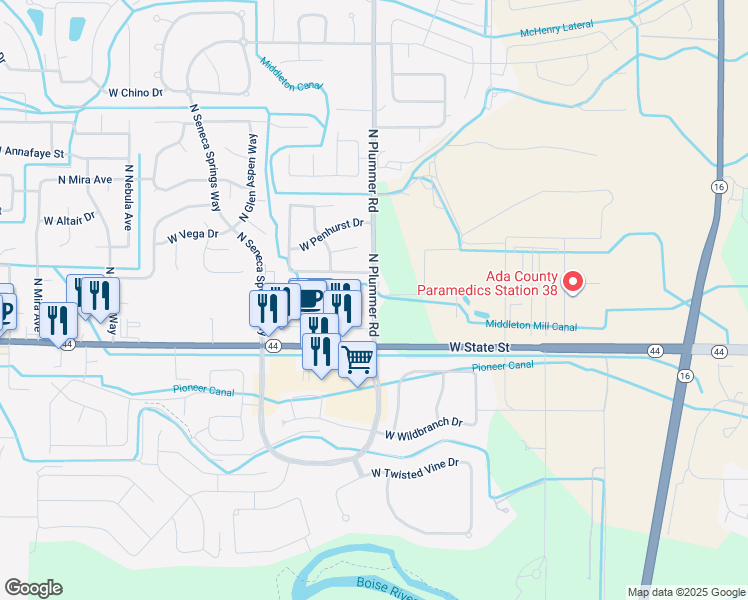 map of restaurants, bars, coffee shops, grocery stores, and more near 195 North Plummer Road in Star