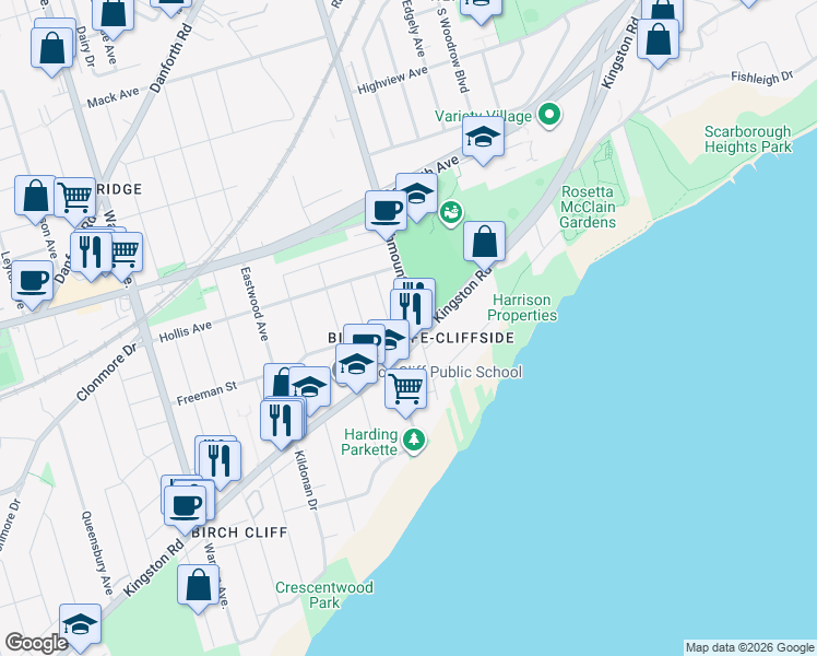 map of restaurants, bars, coffee shops, grocery stores, and more near in Toronto