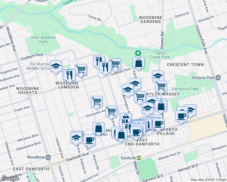map of restaurants, bars, coffee shops, grocery stores, and more near 435 Main Street in Toronto