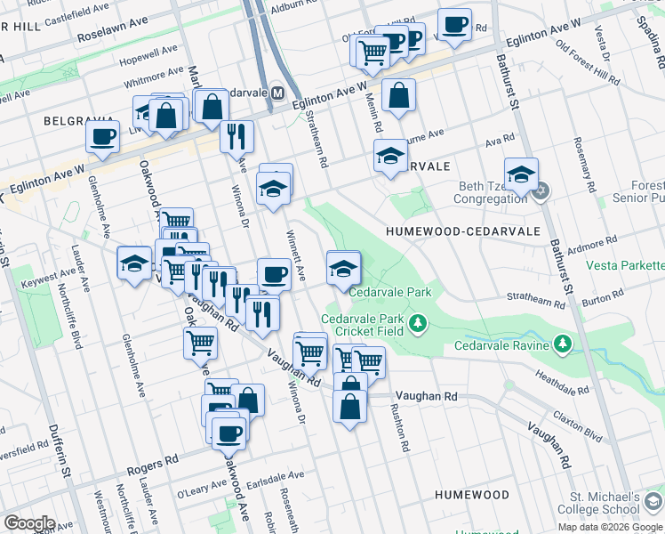map of restaurants, bars, coffee shops, grocery stores, and more near in Toronto