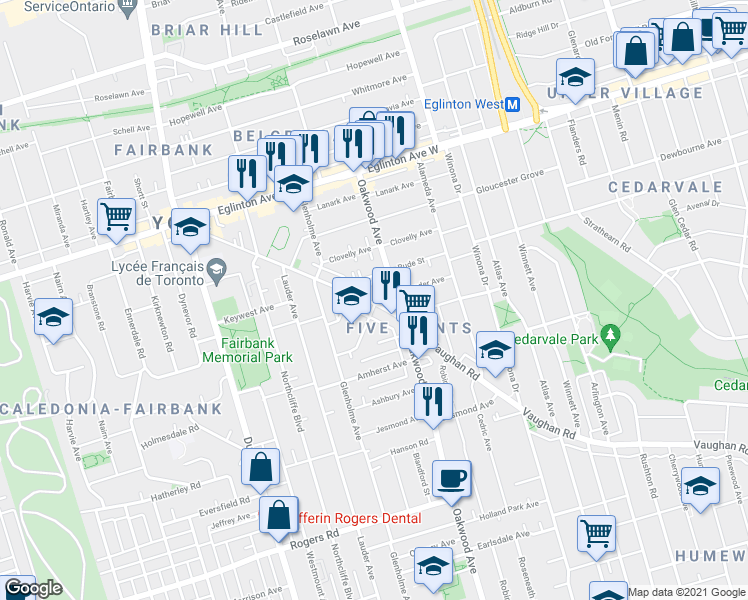 map of restaurants, bars, coffee shops, grocery stores, and more near 564 Oakwood Avenue in Toronto