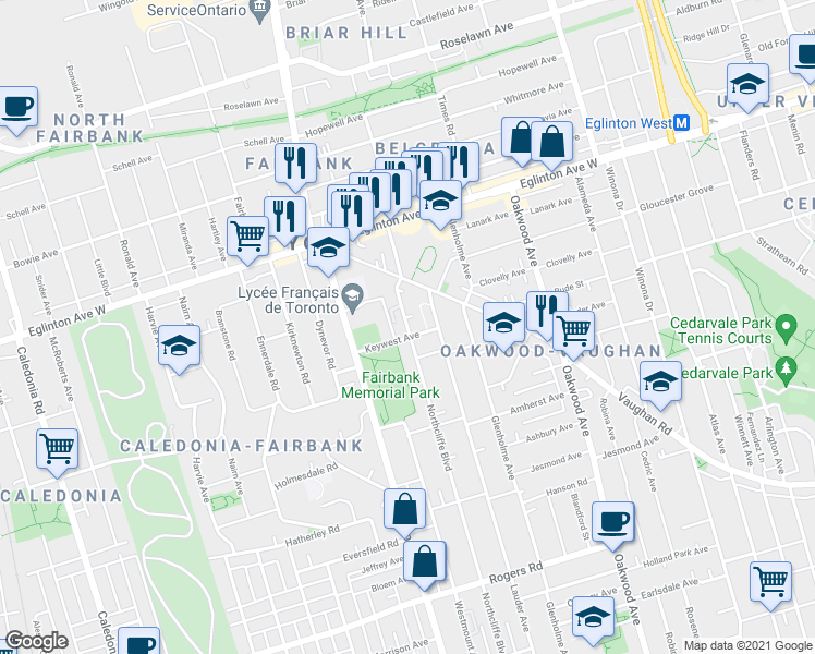 map of restaurants, bars, coffee shops, grocery stores, and more near 620 Northcliffe Boulevard in Toronto
