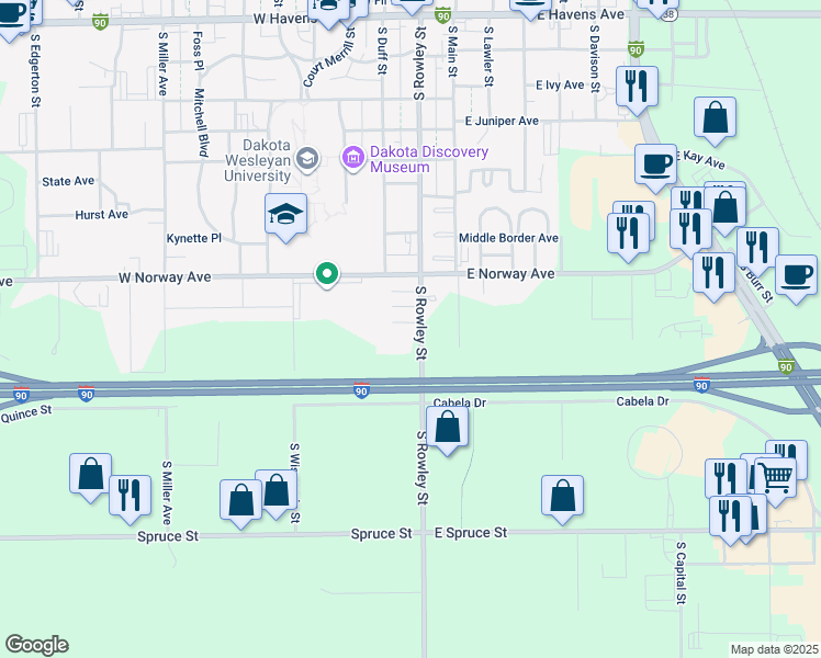 map of restaurants, bars, coffee shops, grocery stores, and more near 201 West Pine Avenue in Mitchell