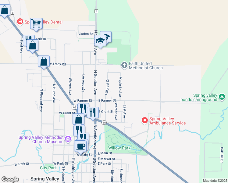 map of restaurants, bars, coffee shops, grocery stores, and more near 512 Maple Lane Avenue in Spring Valley