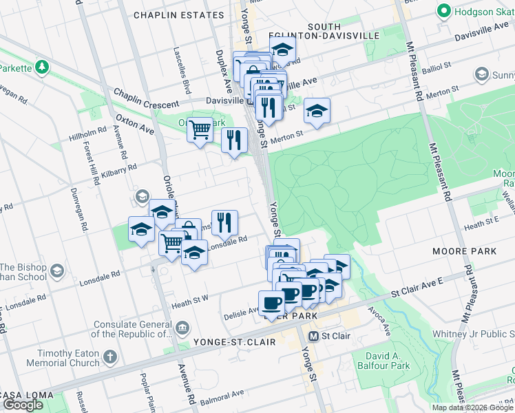 map of restaurants, bars, coffee shops, grocery stores, and more near 95 Lawton Boulevard in Toronto